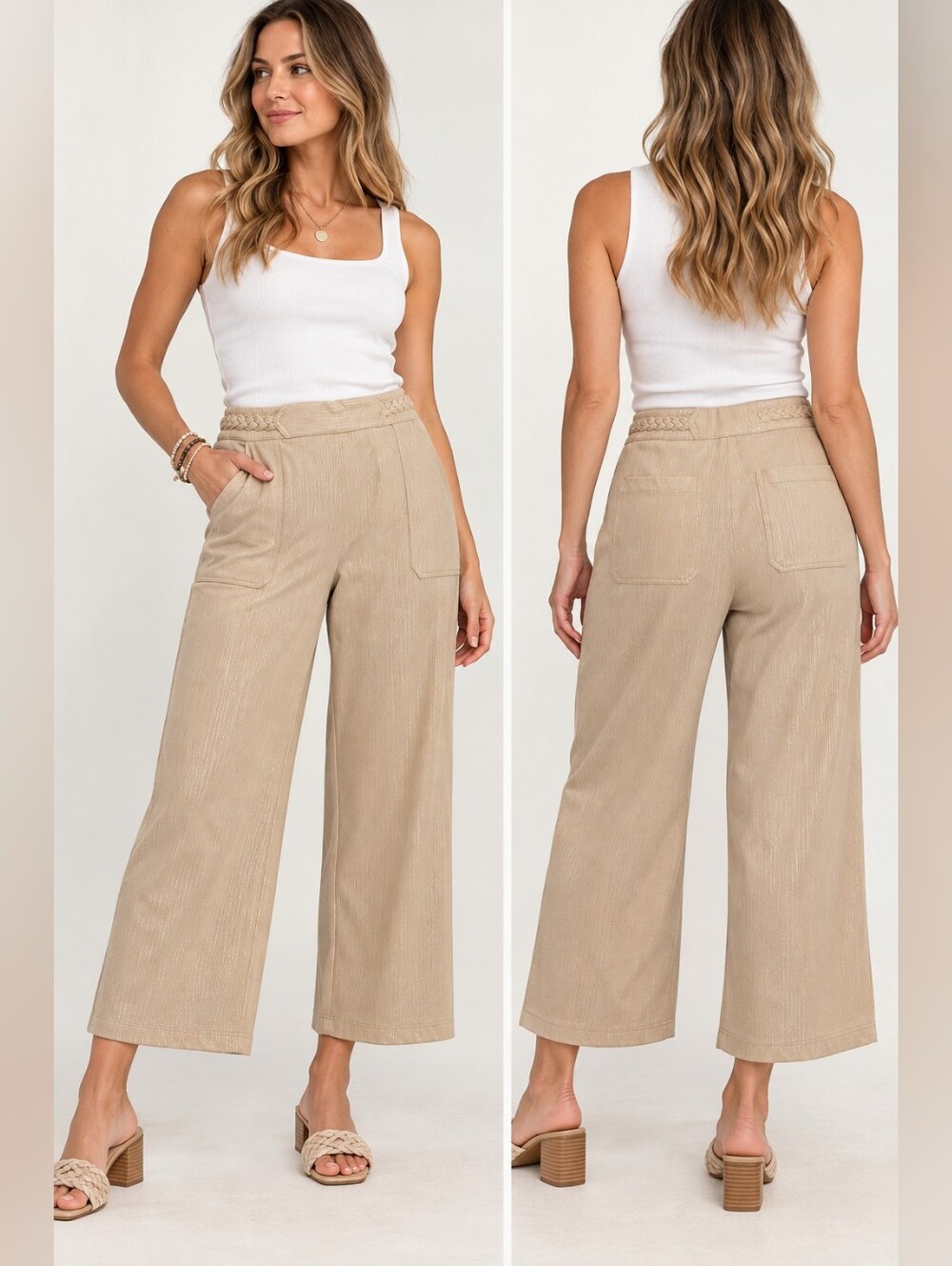LYSSÉ Hayes Braided Wide Leg Crop Pants XL Raffia Sheen Metallic Stripe